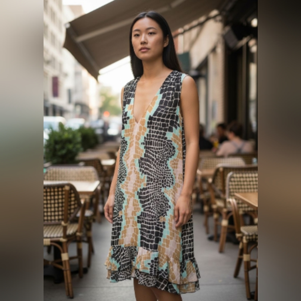 Just Cavalli Black, Tan, Green Geometric Midi Dress EU Size 40 - NWOT